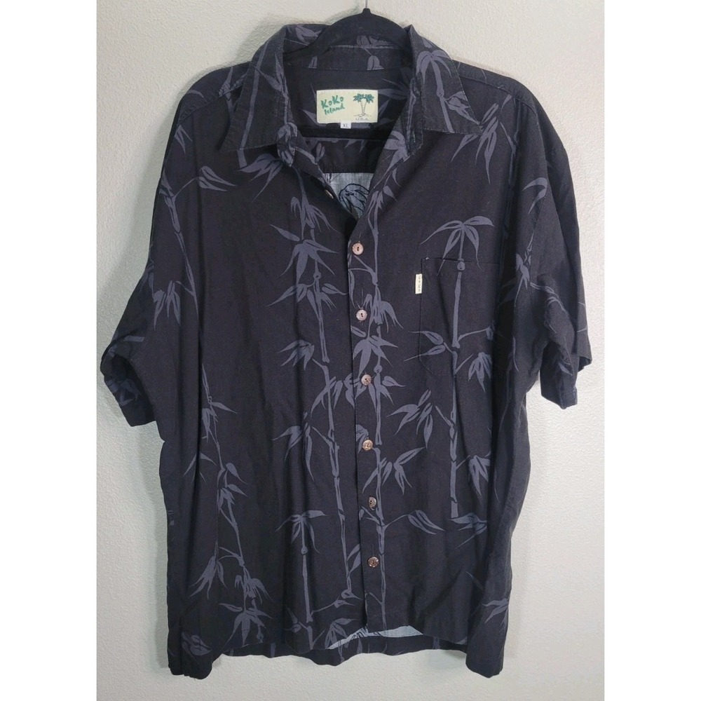 Koko Island USA Bamboo‎ Print Hawaiian Shirt Black Gray Short Sleeve Size XL